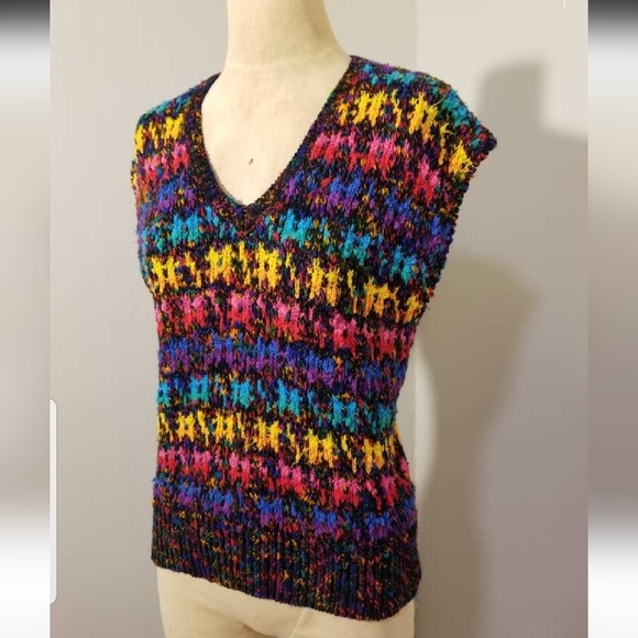 VINTAGE RAINBOW KNIT SWEATER VEST 80S RETRO PETITE FALL WINTER PREPPY SLEEVELESS - Picture 4 of 8